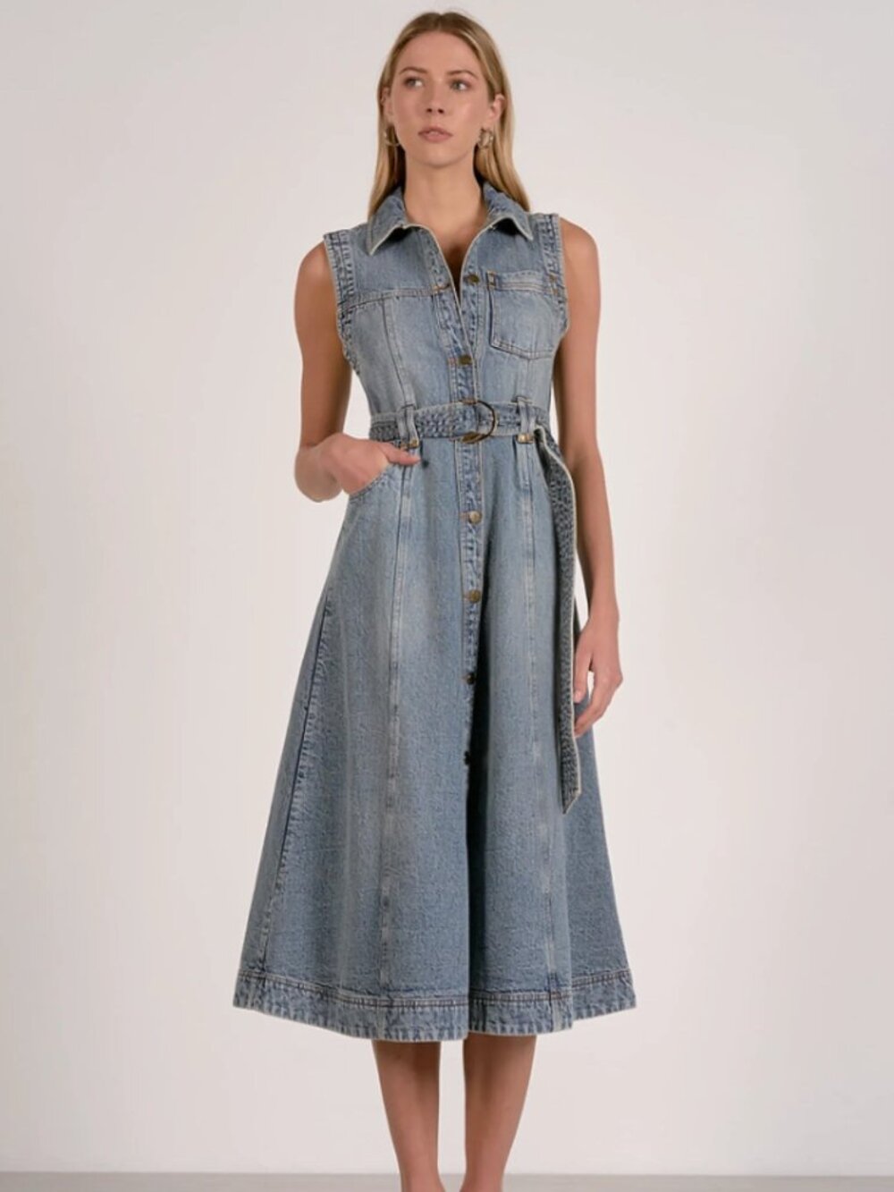 Belted Denim Midi Dress Sleeveless Button Front A-Line